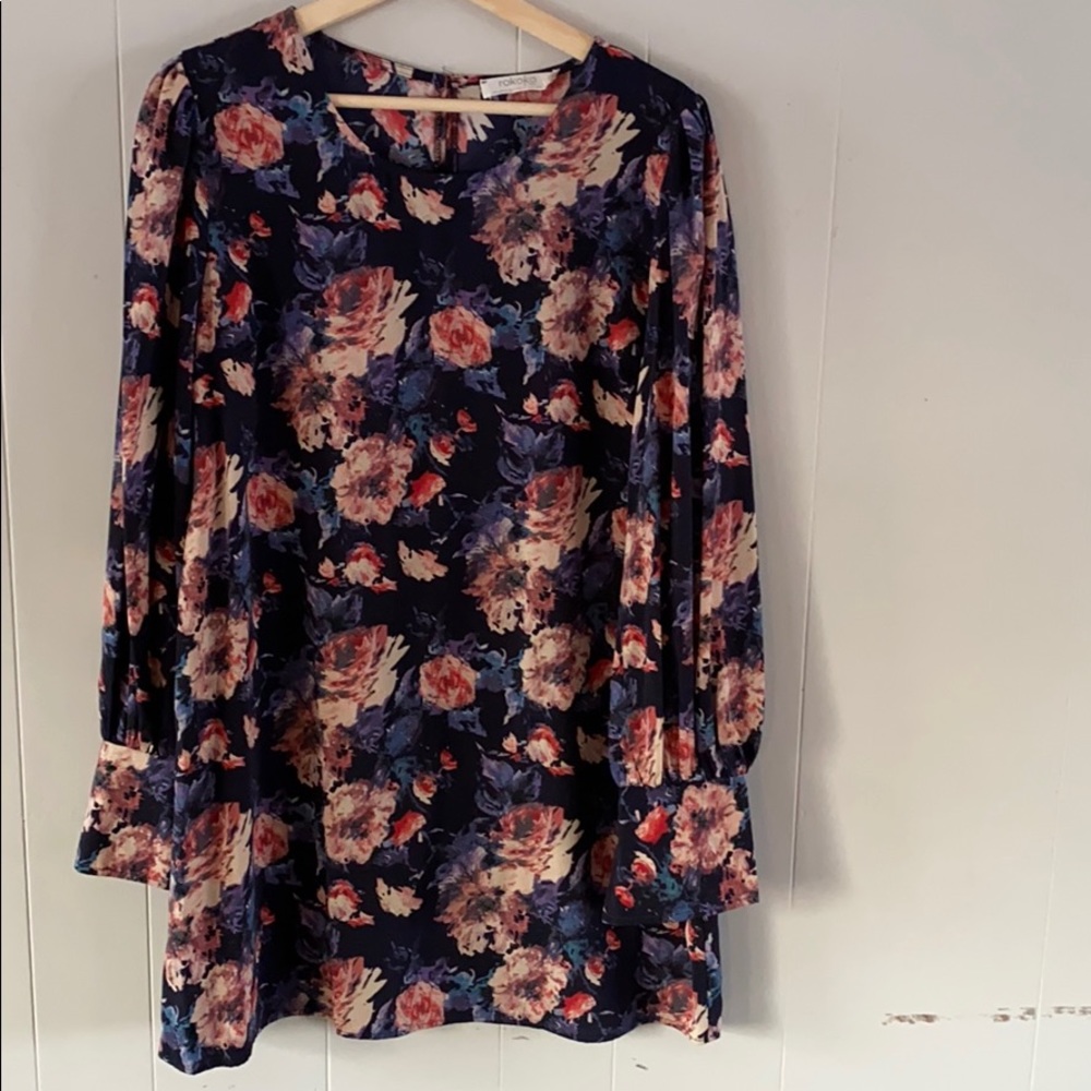 ROKOKO Navy blue long sleeve floral mini dress